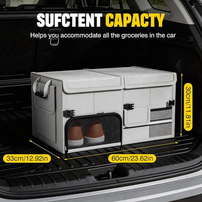Foldable Car Trunk Organizer with Multi-Compartment – Expandable 30-60L Storage Bin, Side Mesh Pockets, Waterproof 600D Oxford Cloth, Car Accessories for SUV/Truck/Sedan, Grey, 23.6"x13.0"x11.8"