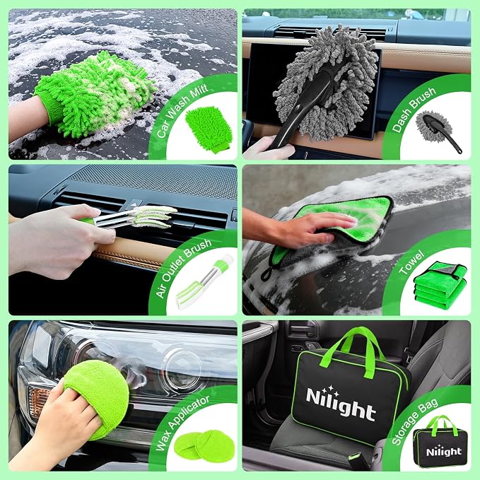 Nilight 27PCS Car Detailing Kit Auto Cleaning Tools Wash Set with Storage Carry Bag Home Use for Interior Exterior Deep Clean Polish Car Care Windshield Dashboard Seat Air Vents Wheels Tires, Green