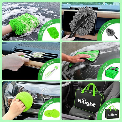Nilight 27PCS Car Detailing Kit Auto Cleaning Tools Wash Set with Storage Carry Bag Home Use for Interior Exterior Deep Clean Polish Car Care Windshield Dashboard Seat Air Vents Wheels Tires, Green
