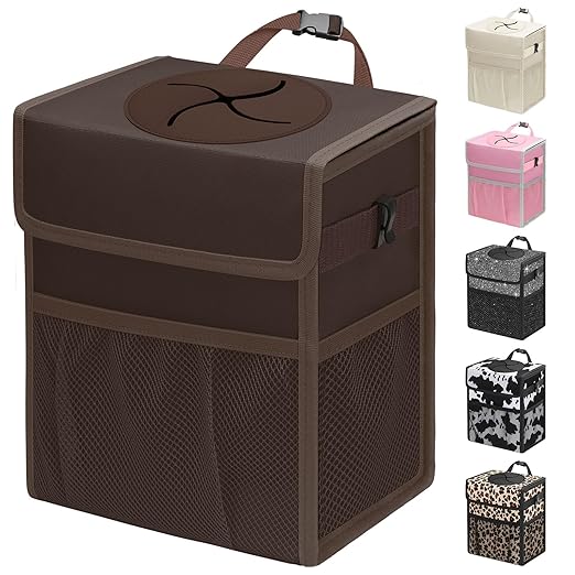 Capolo Car Trash Can with Lid, Leakproof Car Trash Bag Hanging Waterproof Automotive Garbage Can with Storage Pockets Mini Vehicle Trash Bin for Back/Front Seat(Brown,3 Gallon)