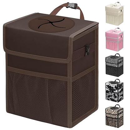 Capolo Car Trash Can with Lid, Leakproof Car Trash Bag Hanging Waterproof Automotive Garbage Can with Storage Pockets Mini Vehicle Trash Bin for Back/Front Seat(Brown,2.5 Gallon)