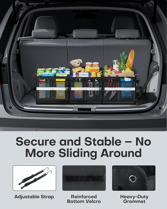 HOTOR Trunk Organizer for SUV – Car Storage Box with Reflective Strips, Collapsible Car Organizer with Large Capacity, Essential Car Accessories for Truck, Van & Sedan, Black, 33.1" x 13.0" x 12.0"