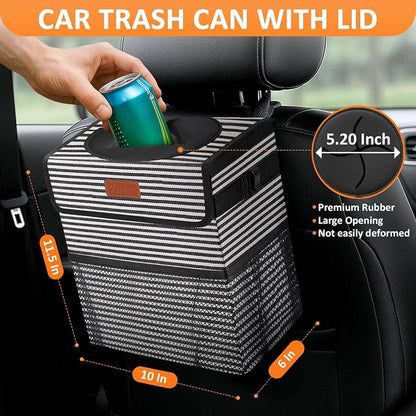 Vankor 3 Gallons Car Trash Can with Lid, Car Trash Bag Bin Hanging Waterproof Automotive Garbage Cans Leak Proof Vehicle Trash Can Stripe