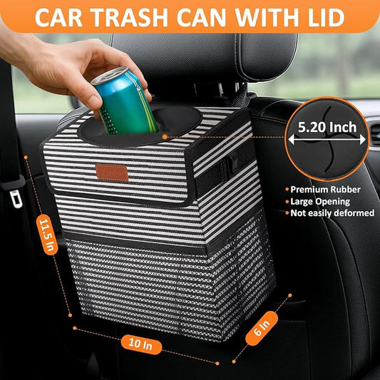 Vankor 3 Gallons Car Trash Can with Lid, Car Trash Bag Bin Hanging Waterproof Automotive Garbage Cans Leak Proof Vehicle Trash Can Stripe