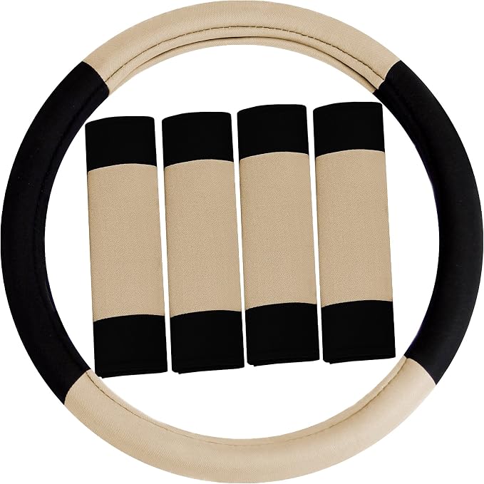 FH Group Car Seat Covers Combo Full Set with Carpet Floor mats Steering Wheel Cover and Seat Belt Pads- Universal Fit for Cars Trucks and SUVs (Beige)