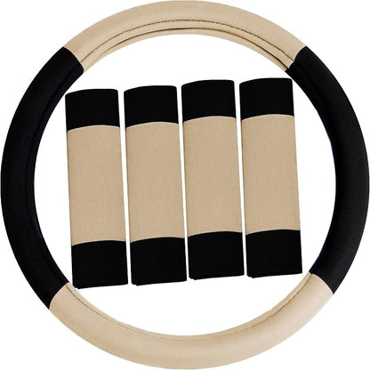 FH Group Car Seat Covers Combo Full Set with Carpet Floor mats Steering Wheel Cover and Seat Belt Pads- Universal Fit for Cars Trucks and SUVs (Beige)
