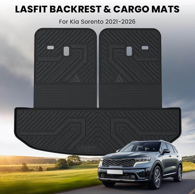 LASFIT Cargo Mat & Backrest Mats for Kia Sorento 2026 2025 2024 2023 2022 2021, All Weather TPE Custom Fit Cargo Liners Trunk Mat & SeatBack Mats Accessories for Kia Sorento 2021-2026, Black
