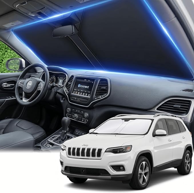 Custom Fit Windshield Sun Shade for Jeep Cherokee 2014-2023, 4-Layer 240T Front Window Visor, Foldable UV Ray Blocker, Car Accessories