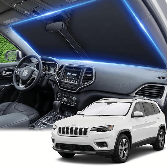 Custom Fit Windshield Sun Shade for Jeep Cherokee 2014-2023, 4-Layer 240T Front Window Visor, Foldable UV Ray Blocker, Car Accessories