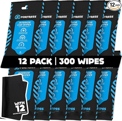 Fortress Car Interior Wipes with Microfiber Cloth (25 ct, Pack of 12) for Car Interior Cleaning, Dashboard, Seats, Detailing, and Steering Wheel [Travel Size] Skin-Safe Car Interior Cleaner Supplies