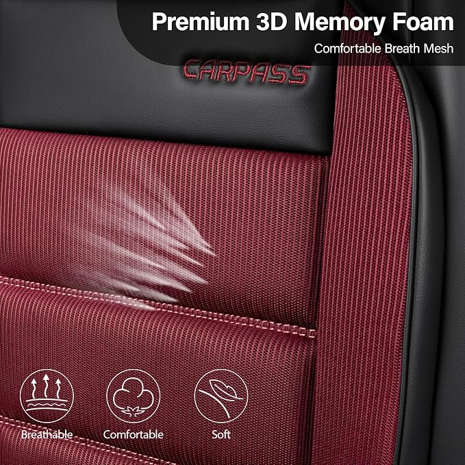 CAR PASS Memory Foam Seat Covers Front, Airy Cool Mesh Thick Car Seat Covers, Leather Car Seat Covers Front Seats Airbag Compatible, Universal Automotive Comfort for Most Cars, Trucks, SUV, Burgundy