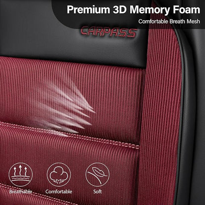 CAR PASS Memory Foam Seat Covers Front, Airy Cool Mesh Thick Car Seat Covers, Leather Car Seat Covers Front Seats Airbag Compatible, Universal Automotive Comfort for Most Cars, Trucks, SUV, Burgundy