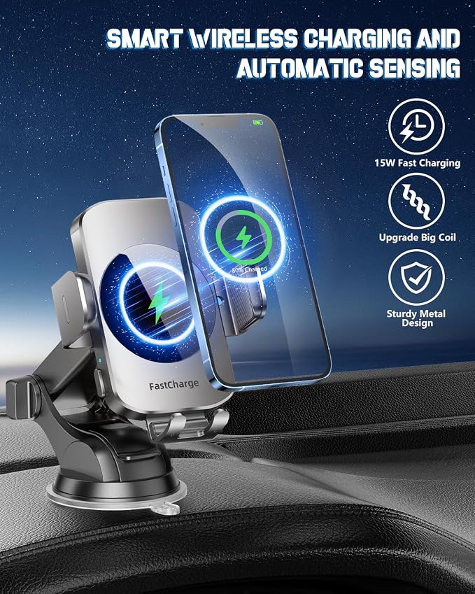 3-in-1 Wireless Car Charger Mount, 15W Fast Charging Auto-Clamping Phone Holder for iPhone 17 16 15 14, Samsung Galaxy S24 S23, Dashboard, Vent & Windshield Car Mount(Space Grey)