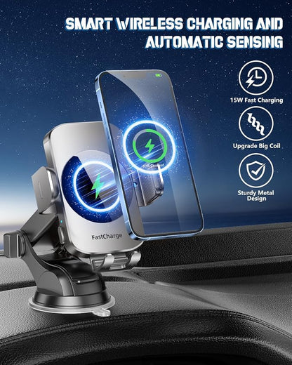 3-in-1 Wireless Car Charger Mount, 15W Fast Charging Auto-Clamping Phone Holder for iPhone 17 16 15 14, Samsung Galaxy S24 S23, Dashboard, Vent & Windshield Car Mount(Space Grey)
