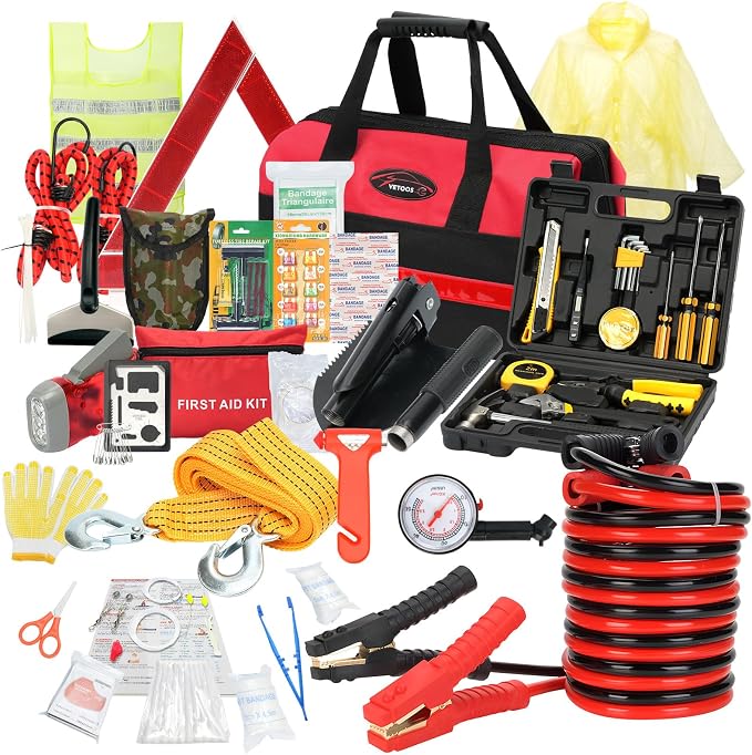 Vetoos Car Roadside Emergency Kit with Jumper Cables, Auto Road Side Safety Kit for Vehicles - with Premium Carry Bag, Repair Tool Set, for Men, Women, Teenagers