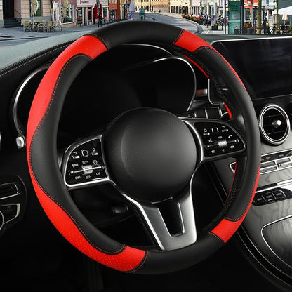 Microfiber Leather Steering Wheel Cover Large Size for Ford F150 F250 F350 RAM 4Runner Tacoma Tundra Armada Model S Model X, Breathable, Anti Slip, 15.5 inch to 16 inch, Black with Red