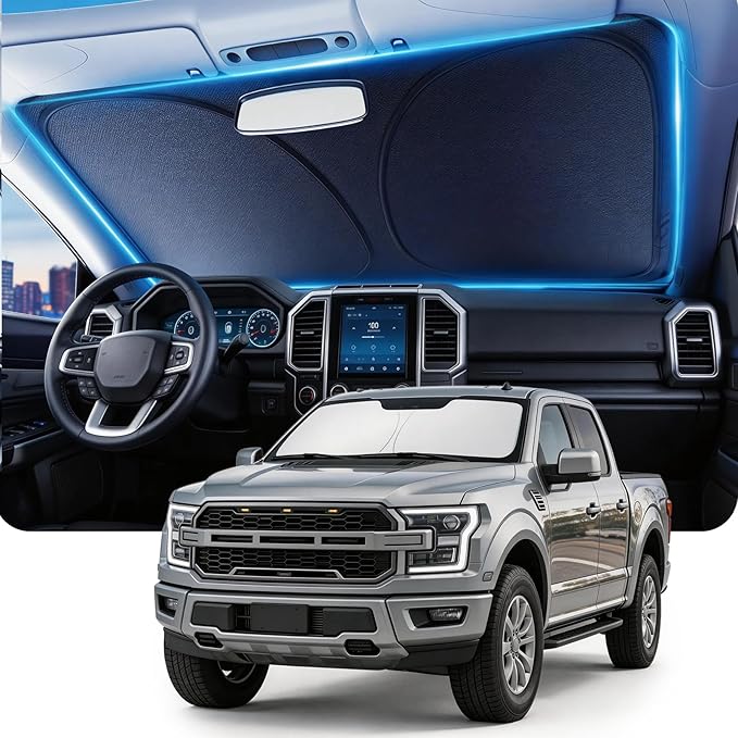 DMJN Front Windshield Sun Shade for Ford F150 F250 F350 F450 (2015-2020), [Nano Ice-Crystal Coatings] UPF50+ Heat & UV Block, Protect Car Interior & Keep Cool, Flodable Steel-Ring Car Cover for Summer
