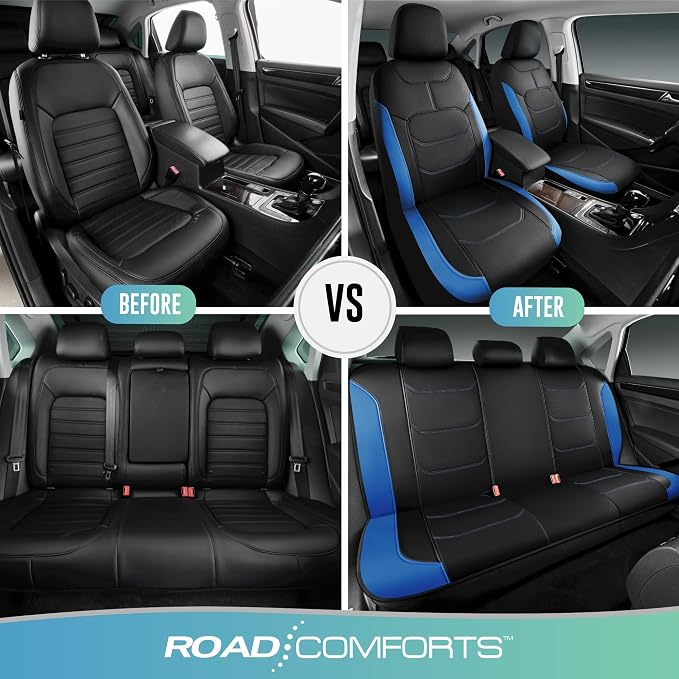 Road Comforts Seat Covers, Premium Leather Car Seat Covers Full Set,Airbag Compatible, Automotive Seat Covers Universal Fit Most Cars,Vans,Truck,SUV,Blue