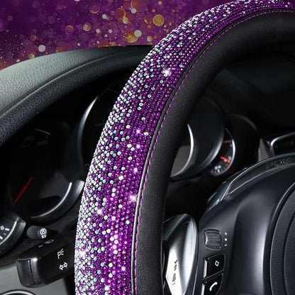 CAR PASS Bling Diamond Leather Steering Wheel Cover, Bling Sparkly Crystal Glitter Rhinestones Universal Fit 14" 1/2-15" Car Wheel Protector for Women Girl Fit Suvs,Vans,Sedans,Trucks, Purple Silver