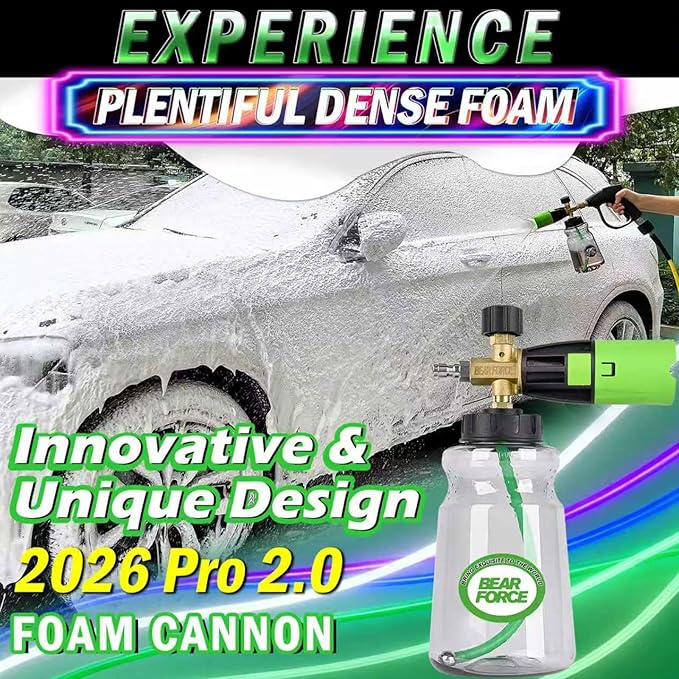 BEAR FORCE Innovative Pressure Washer Foam Cannon Pro+ (Thicker Suds, 3 Times of Life), 2026 Car Wash Snow Foam Blaster with One-Click Disassembly Technology + 1/4" Quick Plug, 34oz Bottle