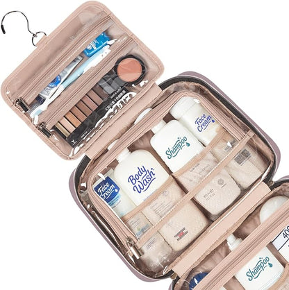NISHEL Travel Toiletry Bag for women, Portable Hanging Organizer for Full-Sized Shampoo, Conditioner, Brushes Set, Makeup Accessories, Large Size, Peach Pink