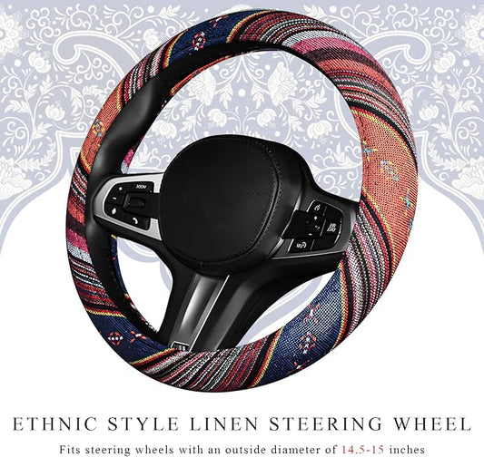 Boho Car Steering Wheel Cover, Ethnic Style Anti-Slip Coarse Flax Cloth Auto Wheel Cover, Bohemian Steering Wheel Protector for Most SUVs Vans Trucks, Car Accessories (Style C)