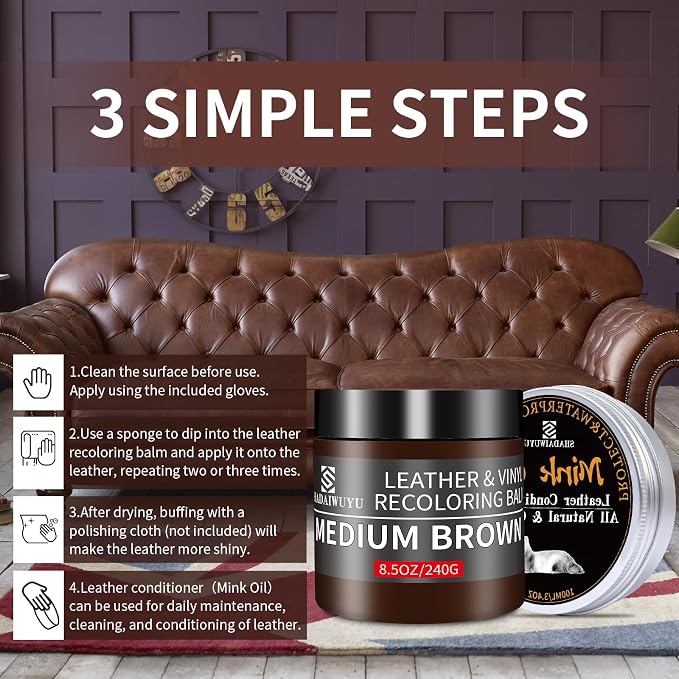SHADAIWUYU 8.5oz Leather Recoloring Balm with 100ml Mink Oil,Medium Brown Leather Repair kit for Furniture and Car Interior,Leather Couch Scratch Repair,Leather Dye Paint,Mink Oil for Leather
