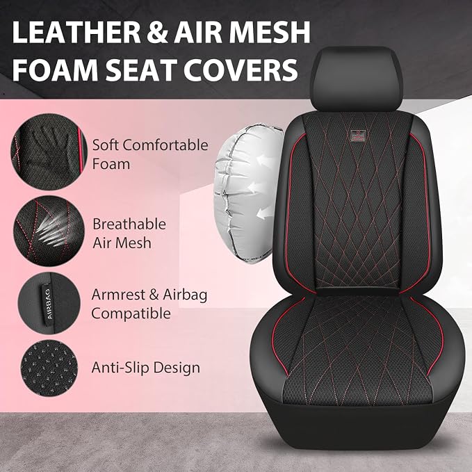 CAR PASS Thick Foam 3D Air Mesh Leather Car Seat Covers Front Seats Only, Breathable Premuim Leather Two Front Seat Cover, Airbag Compatible Universal Fit for 95% Sedan Van Truck SUV,Black and Red