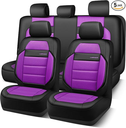 CAR PASS Memory Foam Seat Covers Full Sets, Airy Cool Mesh Thick Car Seat Covers Women, Leather Car Seat Covers 5 Seats Airbag Compatible, Universal Automotive Comfort for Cars, Trucks, SUV, Purple