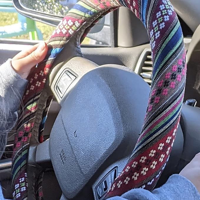 Boho Steering Wheel Cover for Women Men Baja Blanket Enthic Car Steering Wheel Cover Ethnic Car SUV Wheel Protector, Breathable, Anti-Slip, Odorless, Universal Fit 14.5-15 Inch