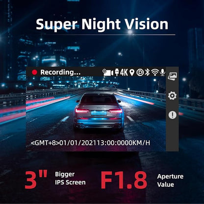 Dash Cam Front Rear, 4K Front + 4K Rear Full HD Dash Camera for Cars Built-in Wi-Fi Bluetooth GPS with 64GB SD Card, 3.0” IPS Screen with App Control, G-Sensor, HDR, Night Vision, 24H Parking Mode