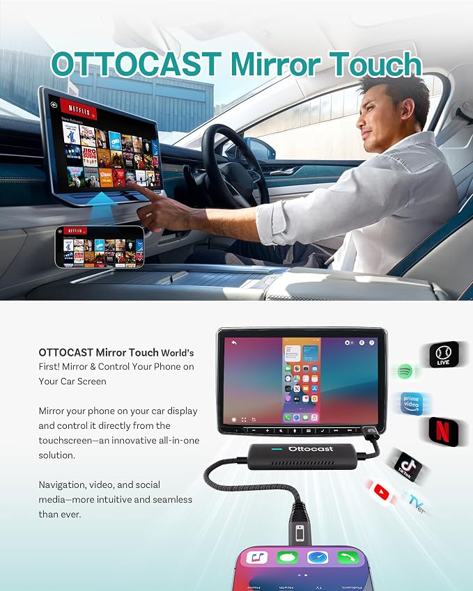 OTTOCAST Mirror Touch Wireless CarPlay Adapter - Bi-Directional Phone Mirroring & Dual Mode for Factory Wired CarPlay - Seamless iPhone & Android Integration