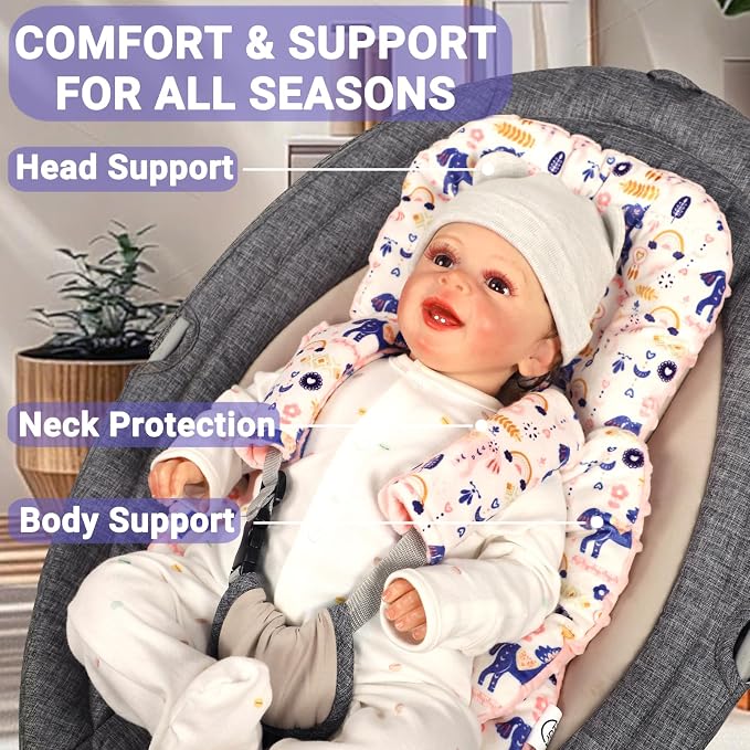 Infant Car Seat Insert Girls Boys, Soft Car Seat Head Support Baby & 2 Strap Pads, Preemie Newborn Carseat Insert Reversible Fits For Stroller, Baby Swing, Rocker, Bassinets, Bouncer, Unicorn