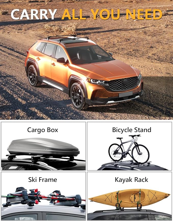 Tuyoung 300lbs Roof Racks Cross Bars Fit for Mazda CX50 CX-50 Hybrid 2023 2024 2025 2026 with Flush Side Rails, Lockable Heavy Duty Aluminum Crossbar Roof Rail Cargo Carrier Rooftop Black Accessories