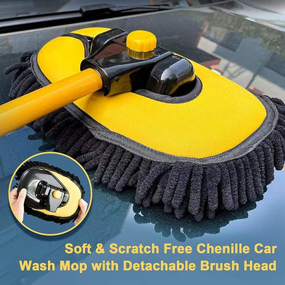 YeewayVeh Car Wash Brush Mop with Long Handle, Car Wash Kit with 2 Chenille Mop Heads, 15° Curved Extension Pole Scratch-Free Microfiber Mitt Sponge Car Cleaning Supplies Accessories, Yellow/Black