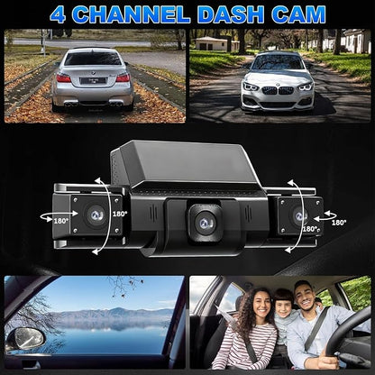 4 Channel Dash Cam Front and Rear with 360° View for All-Round Protection, 4-Way Recording, Built-in 5G WiFi & GPS, APP Control, 8 IR LEDs, 24H Parking Monitor, G-Sensor, Free TF Card (128, GB)