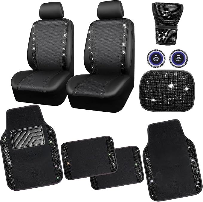 CAR PASS Bling Diamonds Car Seat Covers Front Seats Black Leather Shining Rhinestone Car Floor Mats Carpet with Anti-Slip Nibs Sparkly Glitter Crystal Car Accessories Set Universal for Girl Women