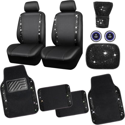 CAR PASS Bling Diamonds Car Seat Covers Front Seats Black Leather Shining Rhinestone Car Floor Mats Carpet with Anti-Slip Nibs Sparkly Glitter Crystal Car Accessories Set Universal for Girl Women