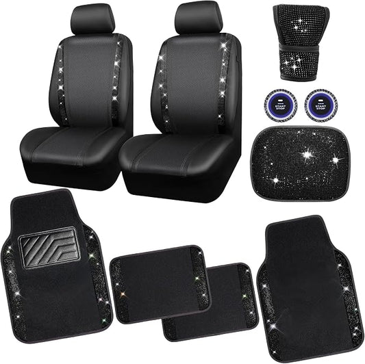 CAR PASS Bling Diamonds Car Seat Covers Front Seats Black Leather Shining Rhinestone Car Floor Mats Carpet with Anti-Slip Nibs Sparkly Glitter Crystal Car Accessories Set Universal for Girl Women