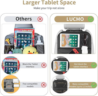 LUCMO Car Backseat Organizer with Touch Screen Tablet Holder,9 Storage Pockets Storage Organizer,Protectors Kick Mats Travel Accessories (Black, 2 Pack with Food Tray)