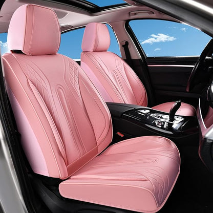 Huidasource Car Seat Covers Full Set, Universal Fit for Most Cars SUV Trucks, Full Coverage Nappa Leather Seat Cover, Airbag, Cupholder Compatible, Velcro Adjustable, Seat Function Retain, Pink