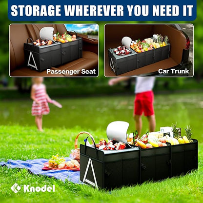 K KNODEL Sturdy Car Trunk Organizer with Premium Insulation Cooler Bag, 3 Compartments Heavy Duty Collapsible for Car, SUV, Truck, or Van (Large, Black)