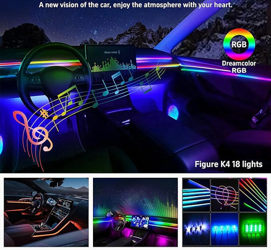 Acrylic Interior Car LED Strip Lights,dreamcolor 6-in-1 Car Ambient Lighting Kit, with APP Control, 622 LED Fiber Optic Strip Lights for Cars,Supports Neon Sync with Music DIY Mode.