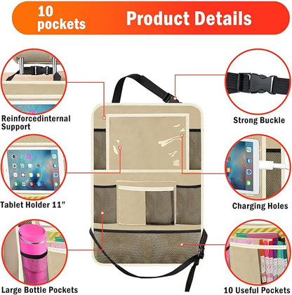 Car Backseat Organizer ，2 Pack Car Organizer Back Seat with 11" Tablet Holder, 10 Storage Pockets Seat Back Protectors Kick Mats for Kids Toddlers, Travel Accessories (Beige)