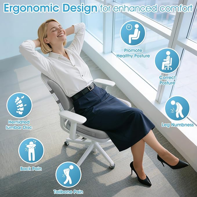 CushZone Ergonomic Seat Cushion & Lumbar Support Pillow - Memory Foam for Sciatica Pain Relief & Posture Correction, Non-Slip Chair Cushions for Office Chair/Car/Wheelchair/Travel, Light Grey
