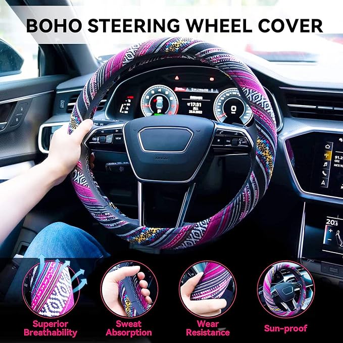 Boho Steering Wheel Cover Elastic Microfiber for Women, Universal Fit 15 inch Car SUV, Hippie Style Protector Cover, Anti-Slip, Breathable, Absorbing Sweat - 03