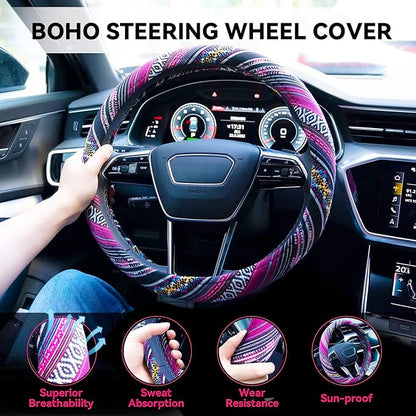 Boho Steering Wheel Cover Elastic Microfiber for Women, Universal Fit 15 inch Car SUV, Hippie Style Protector Cover, Anti-Slip, Breathable, Absorbing Sweat - 03