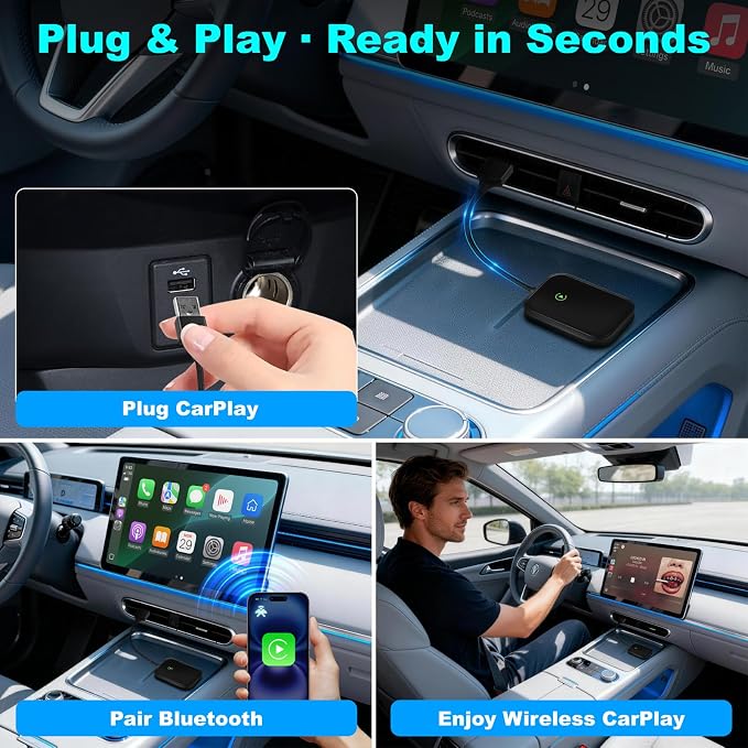 Wireless CarPlay Adapter for iPhone, Apple CarPlay Wireless Adapter USB-C, Bluetooth Connection, Auto-Switch for Multiple iPhones, Fast & Stable, iOS 10+ (Stealth Black)