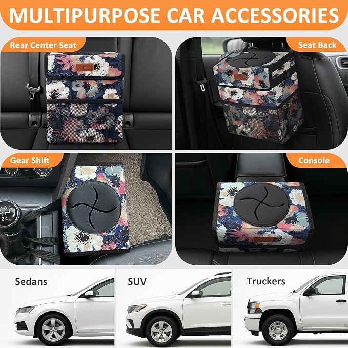 Vankor Car Trash Can for Car Cute, Trash Bag Bin Hanging Waterproof Automotive Garbage Cans Leak Proof Vehicle Trash Can Painting Floral