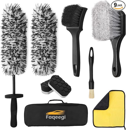 9PCS Professional Wheel Detailing Kit - Microfiber Flat Rim Brush w/Removable Cover, Boar Hair Detail Brush, Cleaning Pads, Towel & Storage Bag | Scratch-Free for All Vehicles